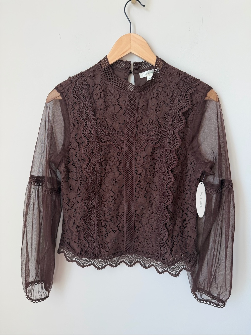 Brown Lace Mock Neck sheer long sleeve Blouse